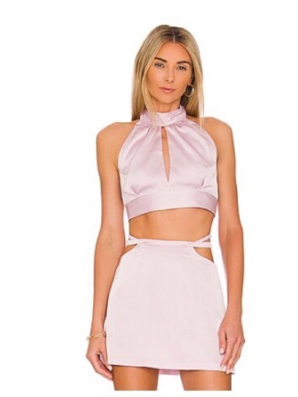 REVOLVE Pale Pink Satin Cutout Halter Crop Top and Mini Skirt Set